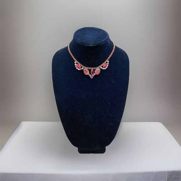 Vintage Red Rhinestone Necklace Mid-Century Molded Glass Choker Aurora Borealis - Picture 1 of 9